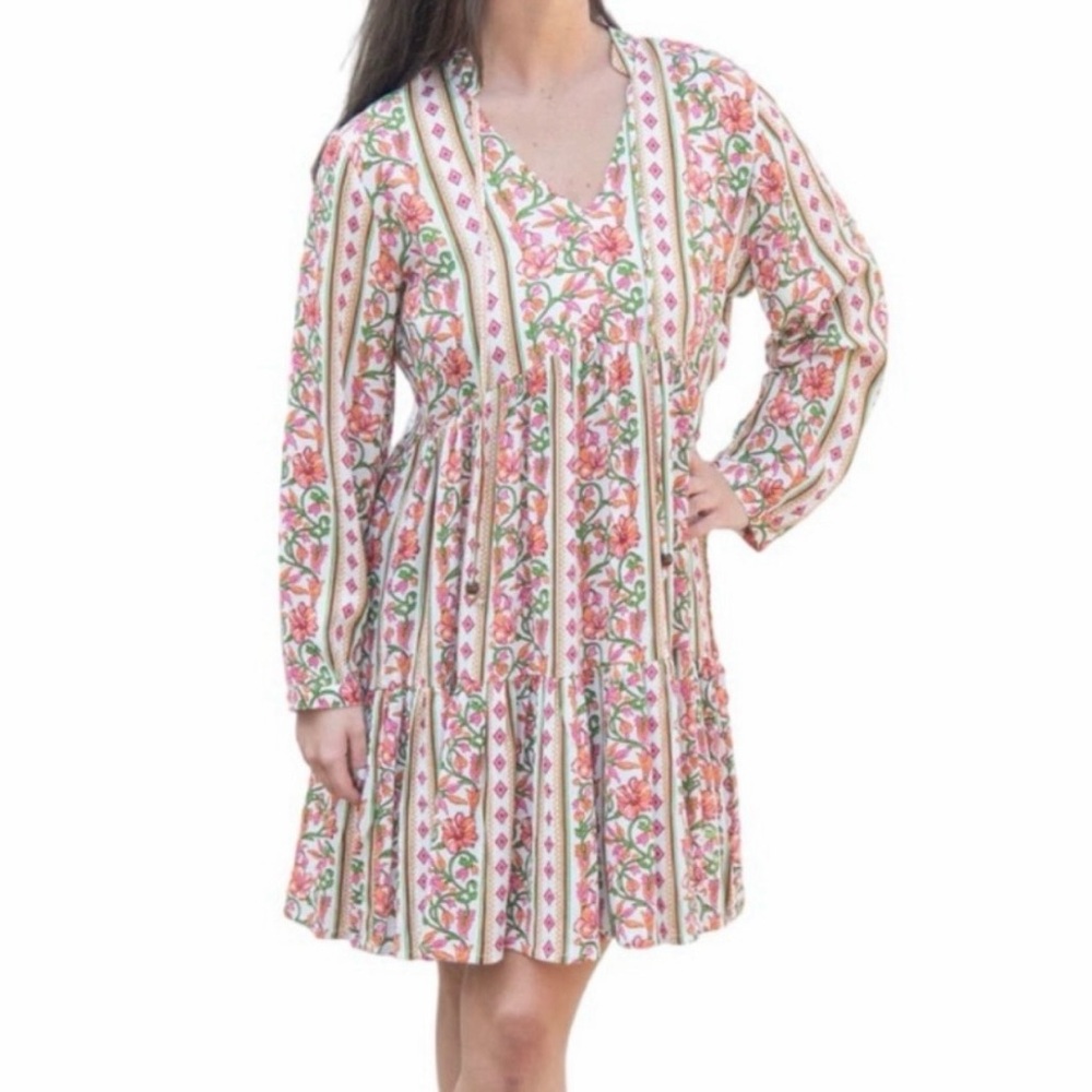 Japna NWT Garden Party Floral Stripe Printed Long Sleeve Dress Size Medium